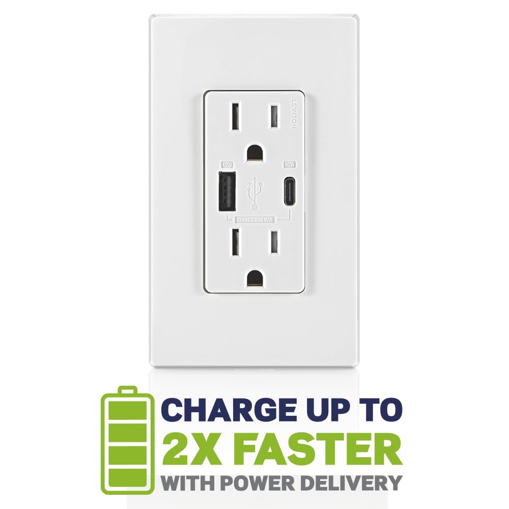 Leviton T5634-W 60W (20V a 2.5A+ 5V a 2A) Cargador USB de Doble Tipo A/Tipo-C para Entrega de energía en la Pared con Toma de 15A Resistente a manipulaciones, Cargador USB para Smartphones, tabletas,