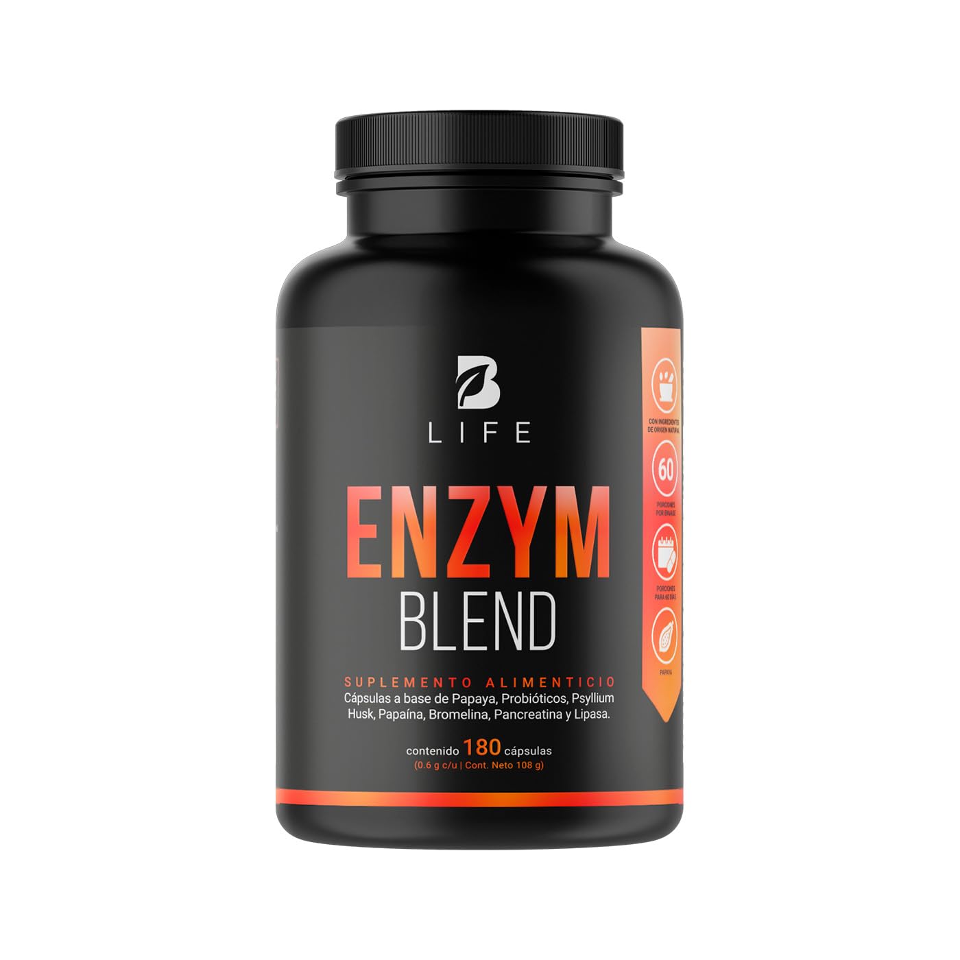 Enzimas Digestivas Enzym Blend B Life Papaya y Psyllium Husk 180 Cápsulas 1800 mg Ingredientes Naturales