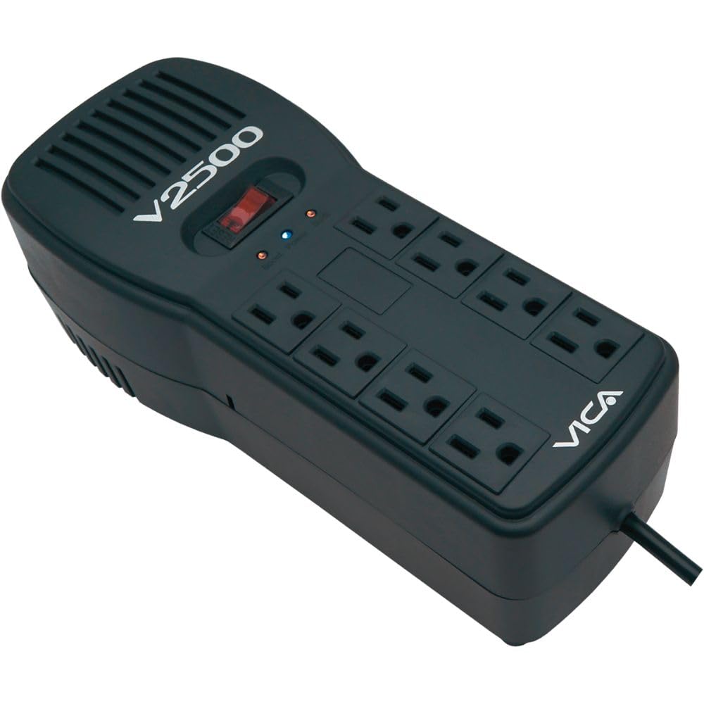 Regulador Electrónico de Voltaje VICA V2500 Negro con Supresor de Picos y Puertos RJ11 RJ45 2500 VA 1500 W
