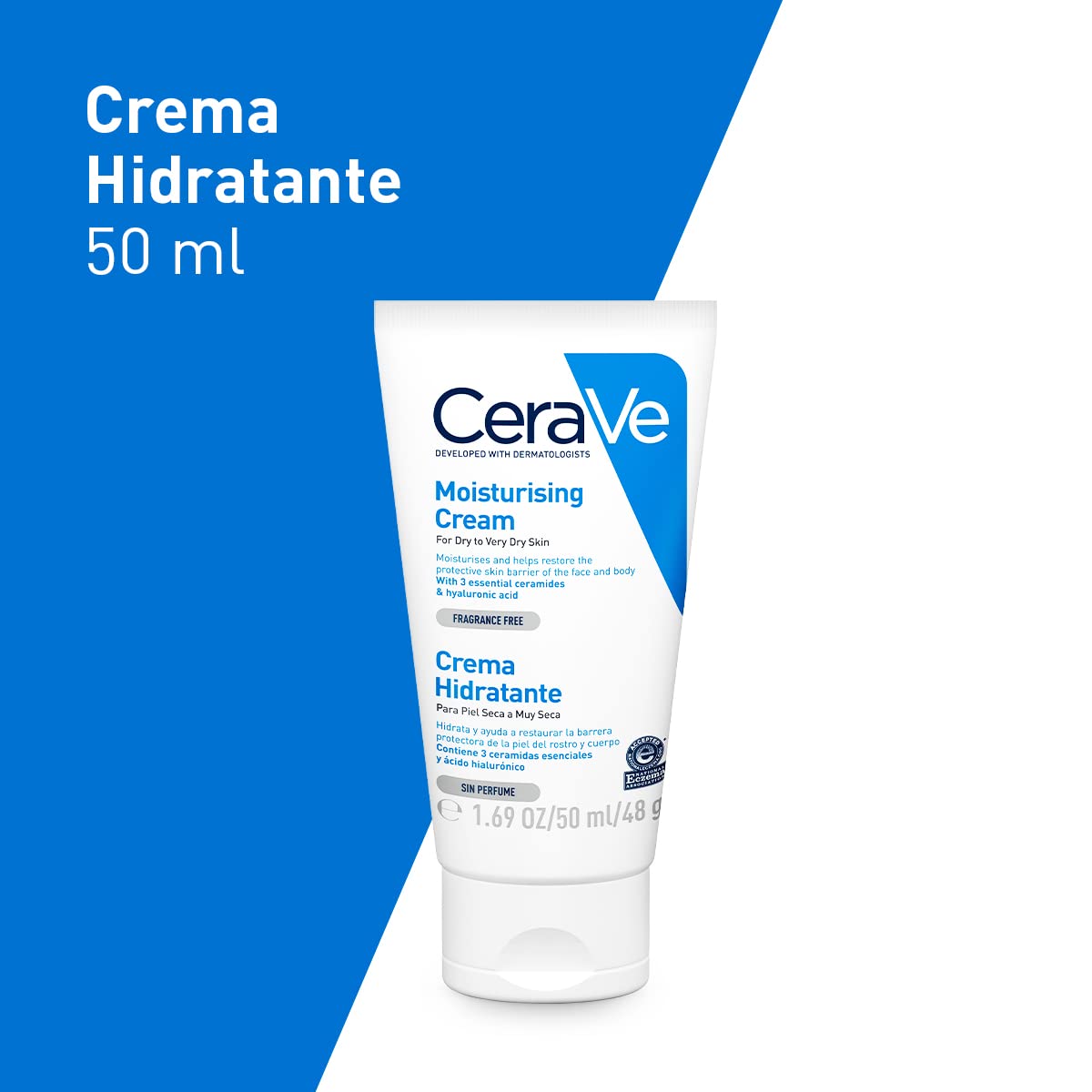 CeraVe Cerave crema hidratante |50ml| hidrante diario para rostro y cuerpo para piel seca + Limpiadora Hidratante |473ml| Limpiador facial diario para piel seca | Libre de fragancia