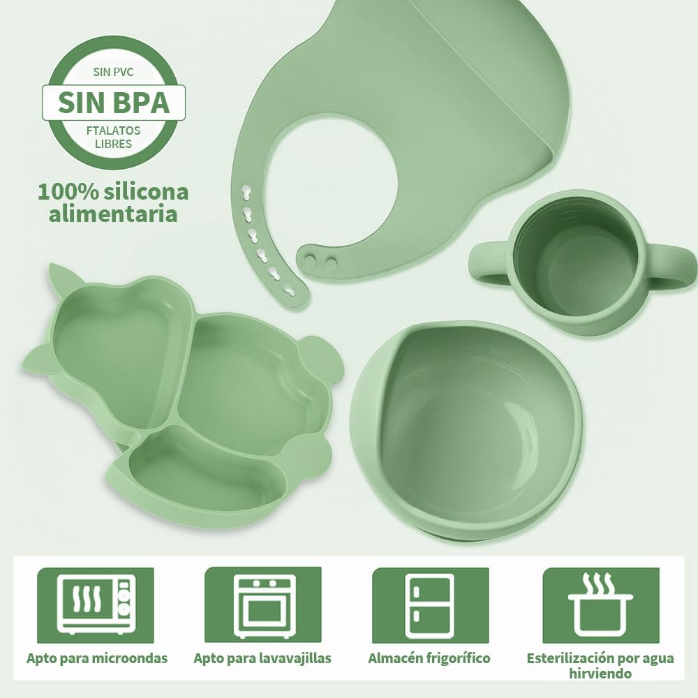 FINYQBET Platos Para Bebés De Silicona Con Tazón Cuchara Tenedor Babe,Set de 8 Piezas para Bebés,Plato para Bebe con Ventosas, Ajustable,VERDE