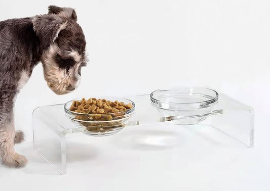 Cuencos elevados de acrílico para perros y gatos, comedero para mascotas, soporte elevado doble viene con 2 cuencos de vidrio extraíbles y 2 cuencos de acero inoxidable. Perfecto para gatos, cachorros y perros pequeños