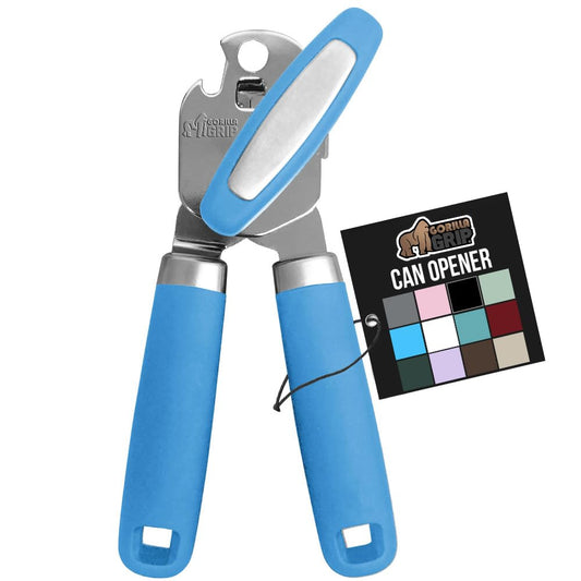 Gorilla Grip Abrelatas manual de mano de acero inoxidable resistente con borde liso con mango suave al tacto, a prueba de óxido, perilla de mano fácil giro, el mejor abridor de tapa grande para cocina, aguamarina