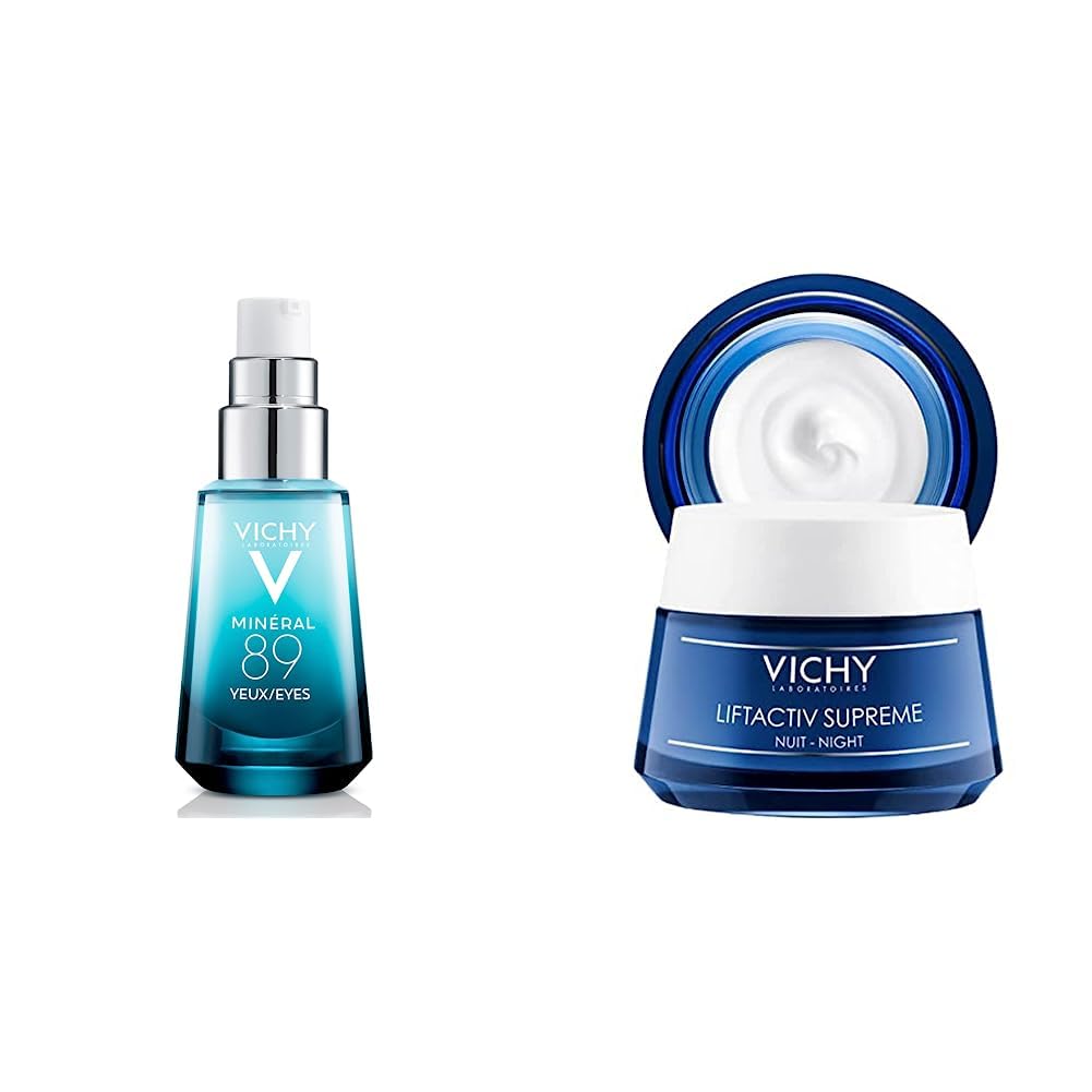 Vichy Minéral 89 Contorno de Ojos - Gel con Ácido hialurónico y Cafeína pura, alisa, hidrata e ilumina, sin fragancia, para piel sensible. + Liftactiv Supreme Crema de noche anti-arrugas y reafirmante