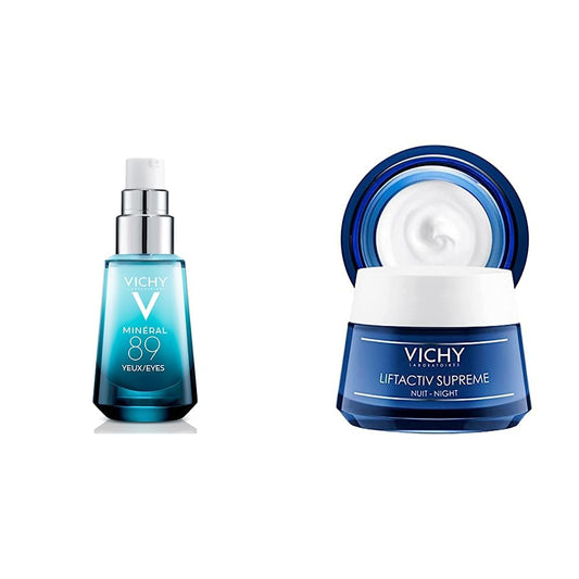Vichy Minéral 89 Contorno de Ojos - Gel con Ácido hialurónico y Cafeína pura, alisa, hidrata e ilumina, sin fragancia, para piel sensible. + Liftactiv Supreme Crema de noche anti-arrugas y reafirmante