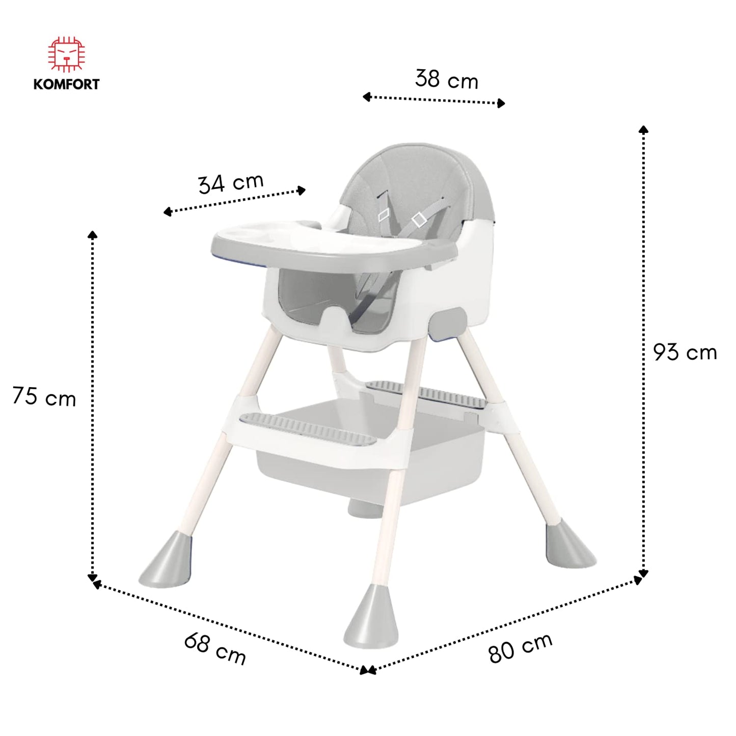 Komfort Silla Alta Periquera Para Bebe Desmontable Con Bandeja Para Comer (Gris)