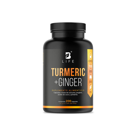 B Life Cúrcuma Con Jengibre y Aceite De Coco | 200 Cápsulas | 1400 mg por porción | Adicionado con Pimienta Negra | Turmeric + Ginger.