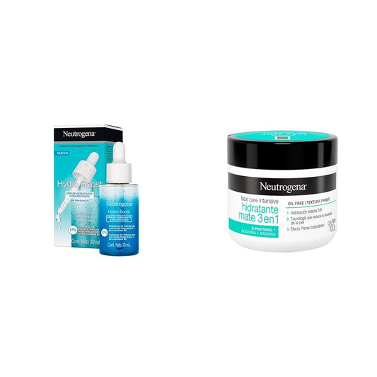Neutrogena. Serum Hidratante Concentrado facial Hydro Boost Ácido Hialurónico 30 ml + Crema hidratante Facial Mate 3 en 1 Face Care Intensive D Pantenol 100 g