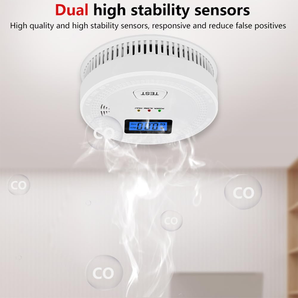 Feiniao Detector de Humo y monóxido de Carbono Sensores duales de Alta Estabilidad Detector de Humo Inteligente Alarma de luz Sonora Restablecimiento automático Detector de Alarma de Humo