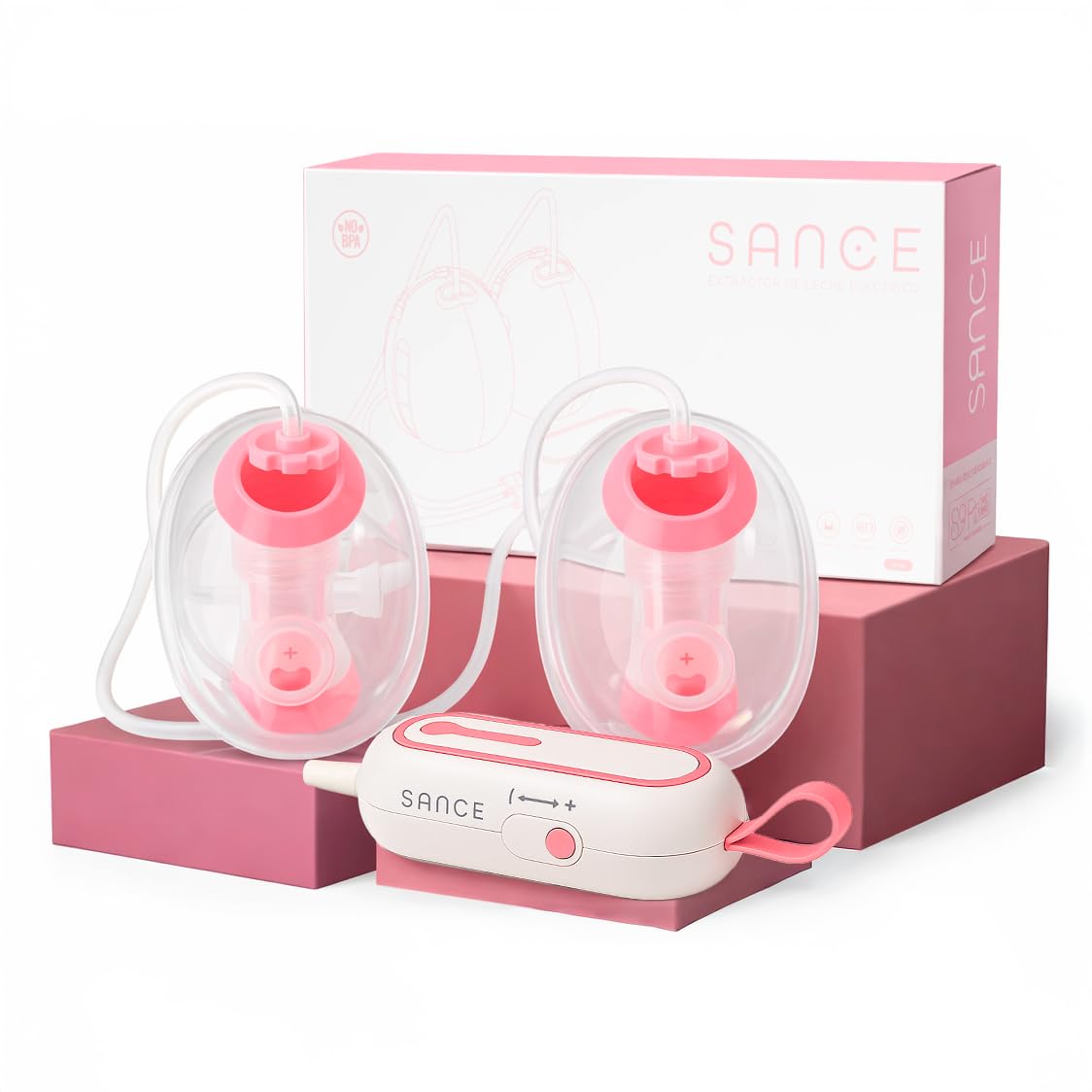 SANCE Extractor de Leche Doble Manos Libres - Gran Succión - Blanco y Rosa
