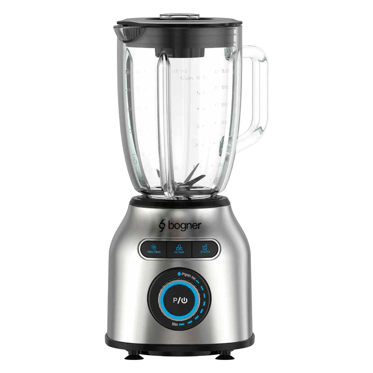 BOGNER Licuadora de 8 velocidades, 1200W fabricada con cubierta de acero inoxidable. Vaso de vidrio templato 1.75L. Función muele hielo, smoothie y autolavado.