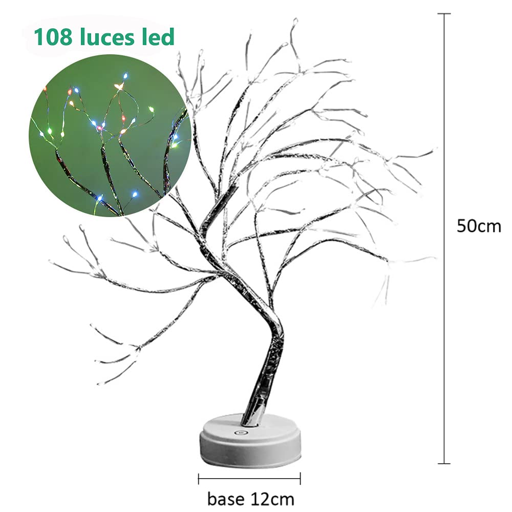 INGEQUIS Lámpara Nocturna Bonsái, Luz Árbol con 108 Leds y Ramas Regulables, Control Táctil, Decoración Luminosa para Recámara, Fiestas, Navidad etc. (Colorido)