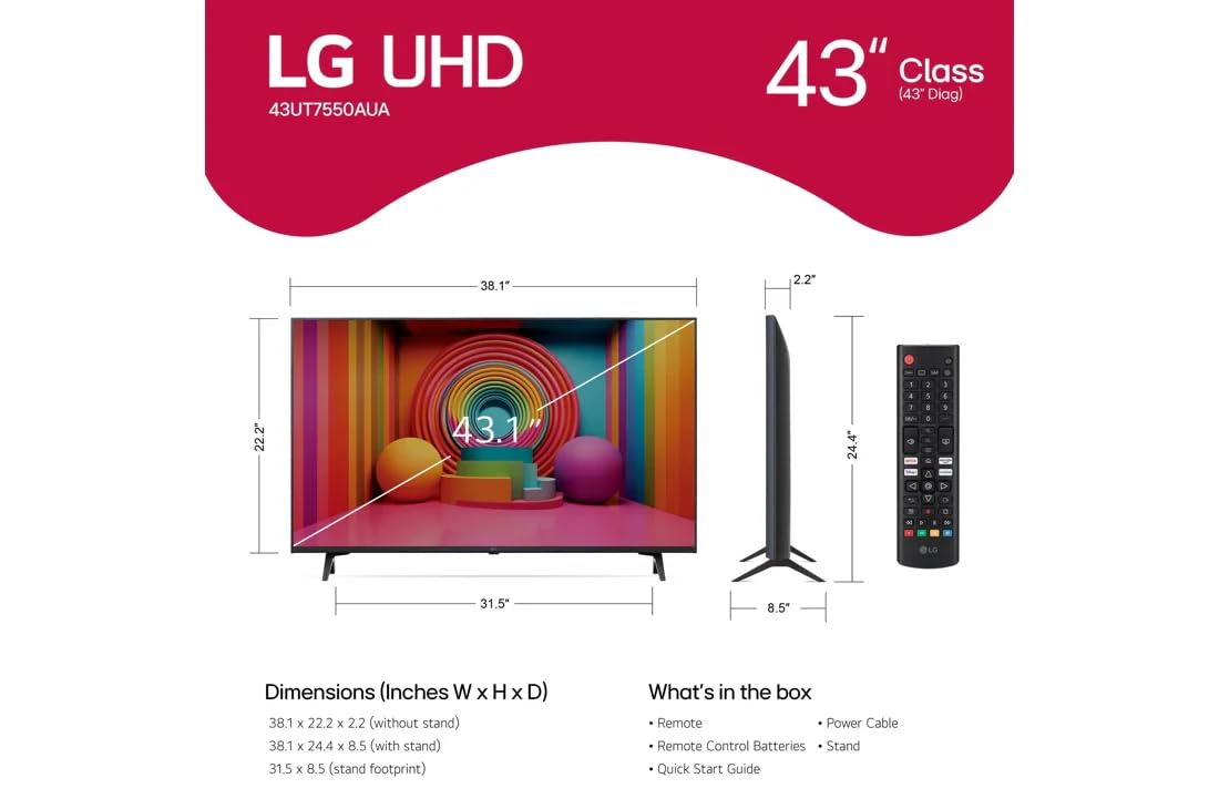 LG Television Smart TV de 43 Pulgadas Class UT7550 Series 4K UHD Smart webOS TV Game Optimizer | Filmmaker Mode | Funciona con Asistente Google y Alexa 43UT7550AUA (Reacondicionado)
