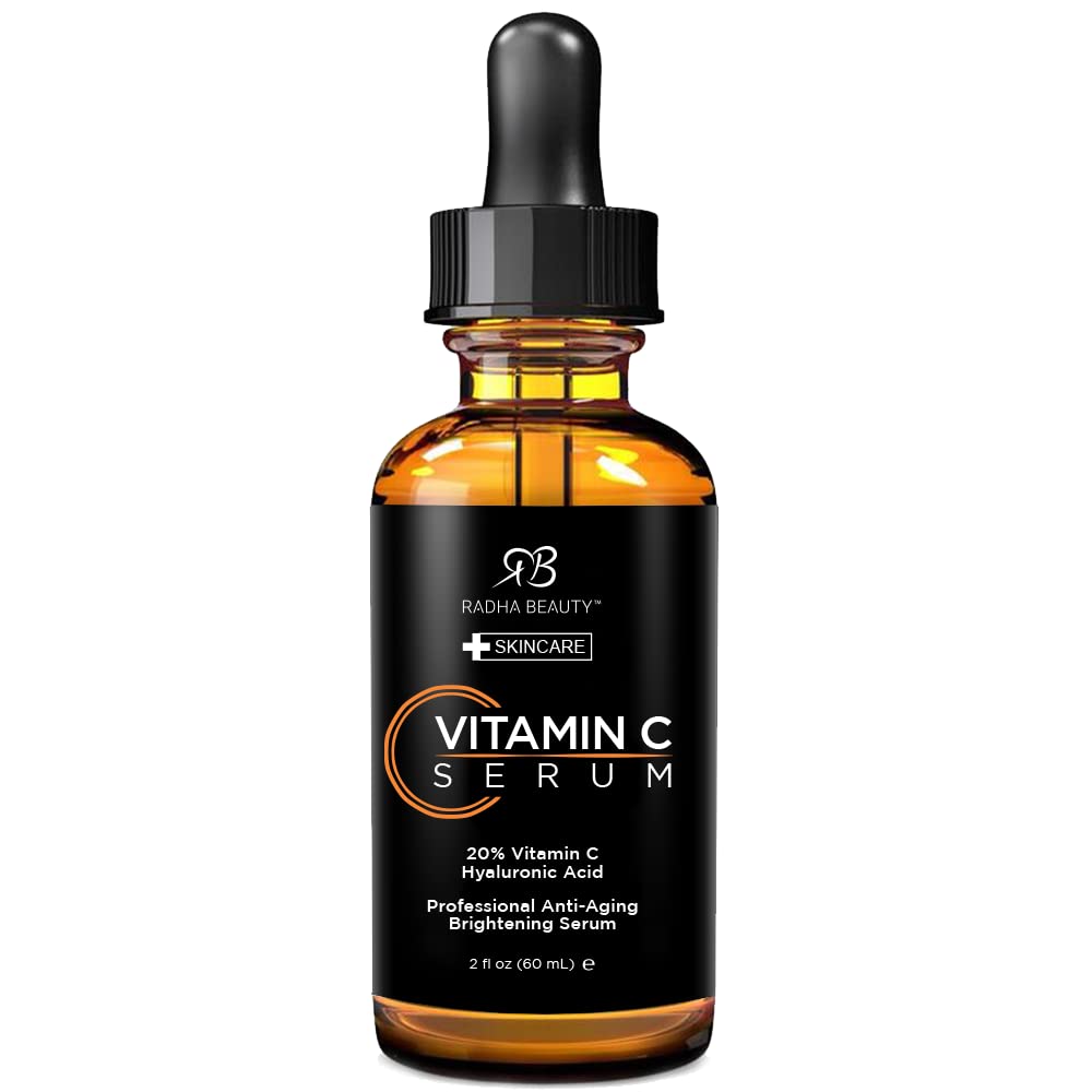 Radha Beauty Vitamin C Serum for Face, 2 fl. oz - 20% organic Vit C + E + Hyaluronic Acid - can also be used on the eye area