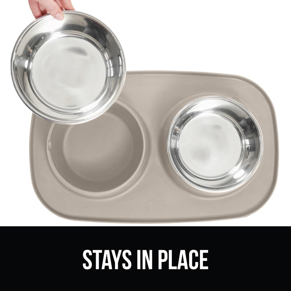Gorilla Grip Slip Resistant Pet Bowls and Silicone Feeding Mat Set, 3 Cups, Catch Water and Food Mess, Raised Edges for No Spills, Stainless Steel Cat and Dog Dish Bowl, Patent Pending Design, Beige