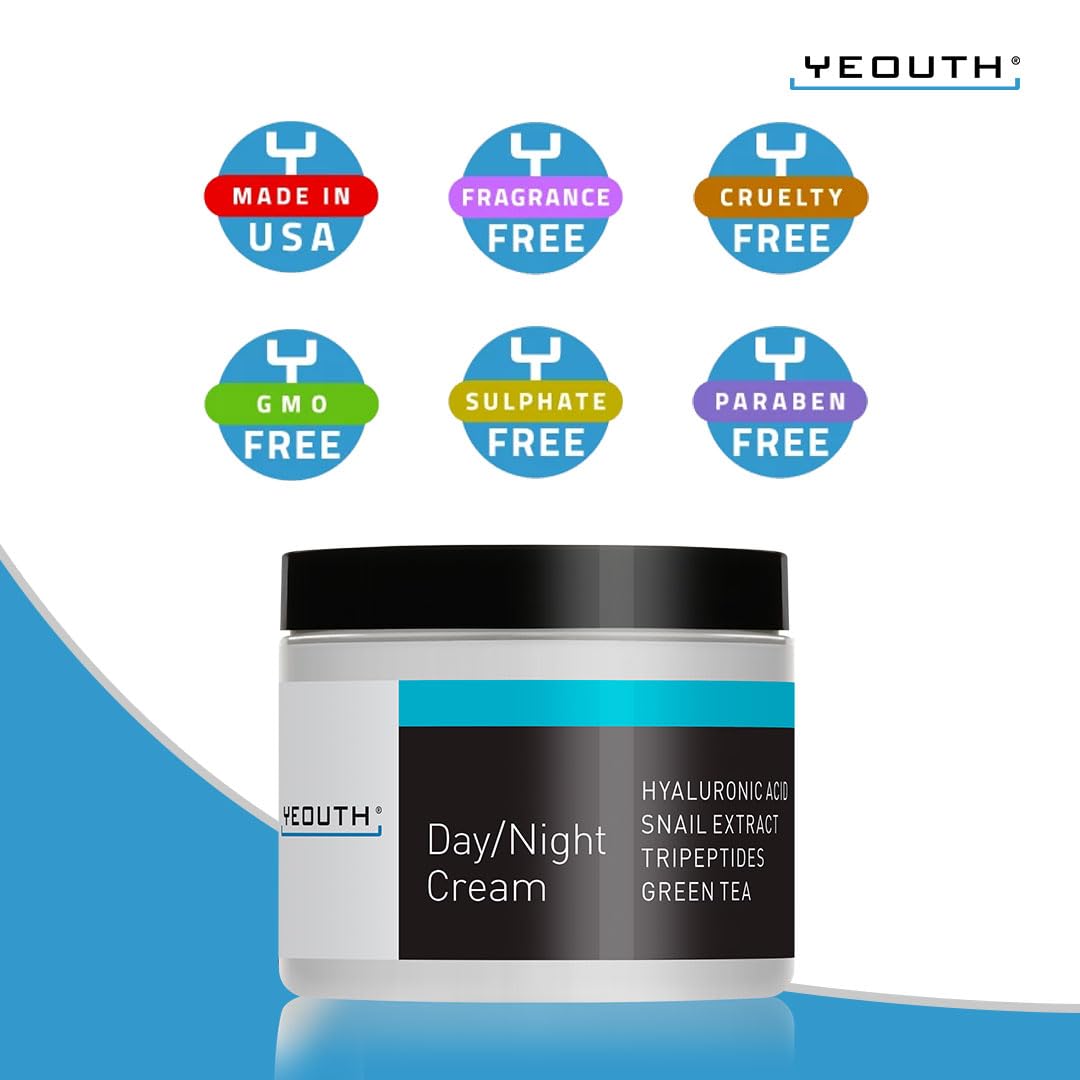 Crema hidratante facial de día YEOUTH con extracto de caracol, ácido hialurónico, té verde y péptidos, crema antiedad contra el envejecimiento o crema hidratante para la piel seca Hecho en EE.UU (1 ounce)