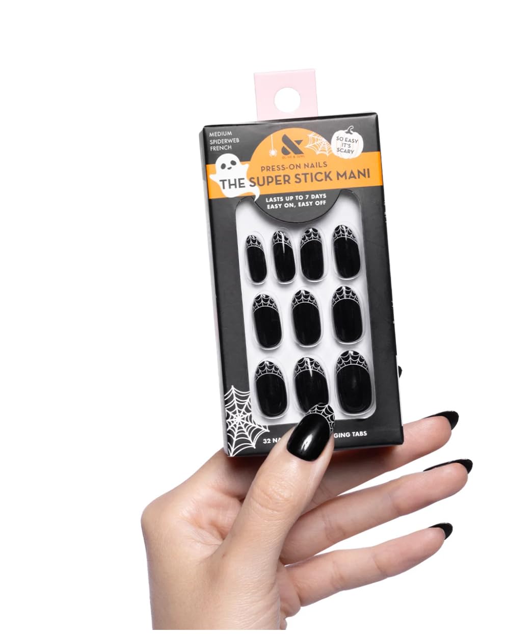 Olive & June Uñas postizas Super Stick Mani | Ovaladas medianas | Sin pegamento | 32 uñas postizas, 16 tamaños, duran hasta 7 días | No tóxicas, fáciles de poner y quitar | No dañan las uñas | Diseño