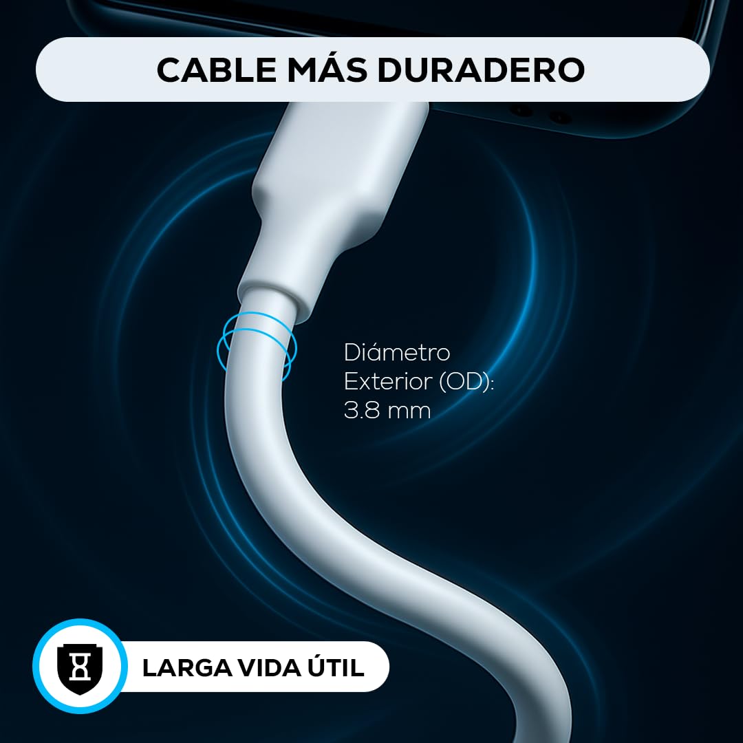 Cable Tipo C MUBITECH Blanco Negro Carga Rápida 65W PD 1 Metro para Dispositivos Tipo C