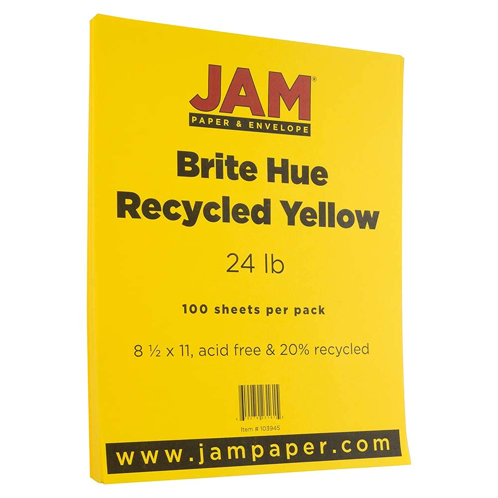 JAM PAPER Papel de color de 26 libras, 90 g/m², 8,5 x 11 pulgadas, amarillo reciclado, 50 hojas por paquete