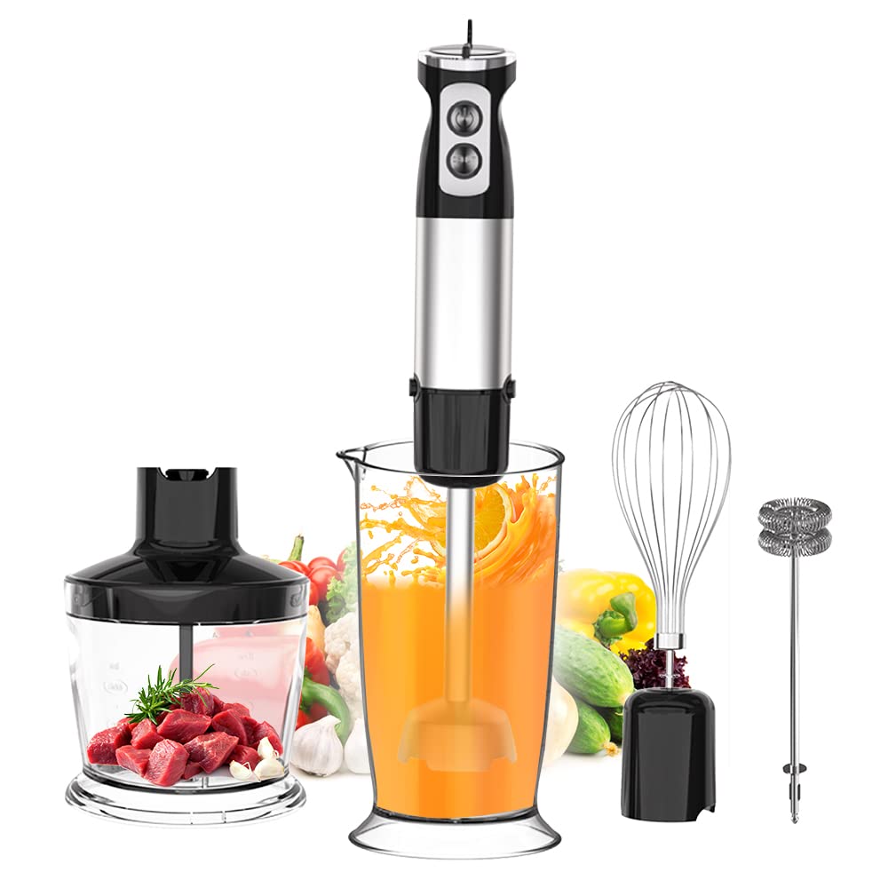 Feiniao 5 EN 1 Licuadoras de Mano, Licuadora Manual 600W, Batidora de Inmersión, Batidor de Mano con Varilla Trituradora, Taza de Molienda, Picadora de Carne, Espumador de Leche, Batidor de Huevo