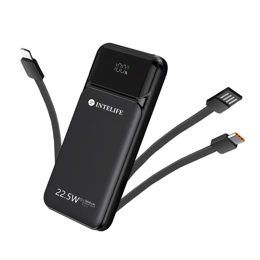 INTELIFE Power Bank 10000mAh 22.5w Carga Rápida Batería Portátil con 3 Cables Incorporados USB, Tipo C, Pila portatil para Celular Compatible con Huawei, xiaomi, iPhone y Otros Smartphones