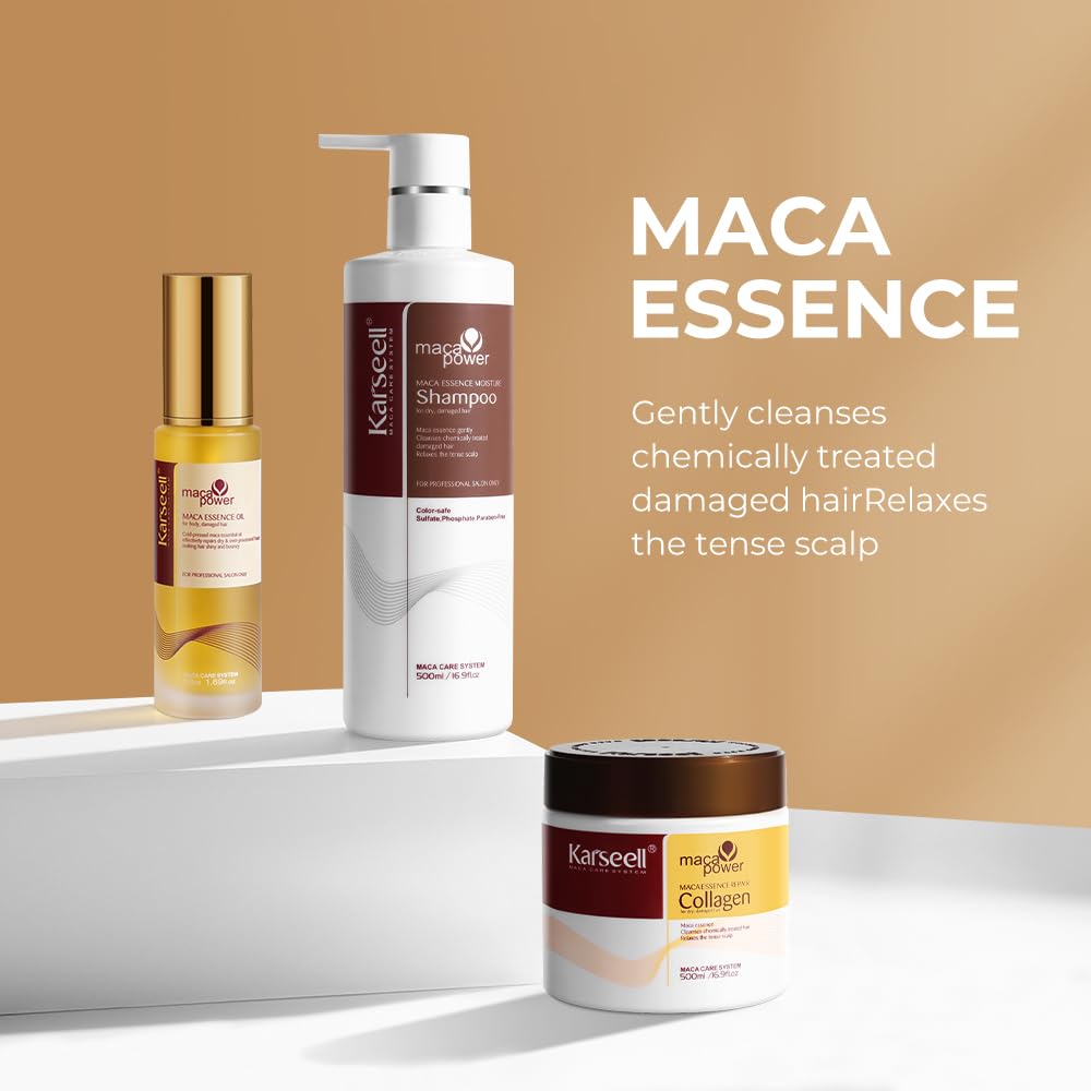 Hair Mask Karseell Juego de colágeno de película para el cabello 3PCS película para el cabello 16.9oz + champú 16.9oz + aceite esencial para el cuidado del cabello 1.69oz adecuado para todos los pelos dañados por la sequedad y el cabello rizado.