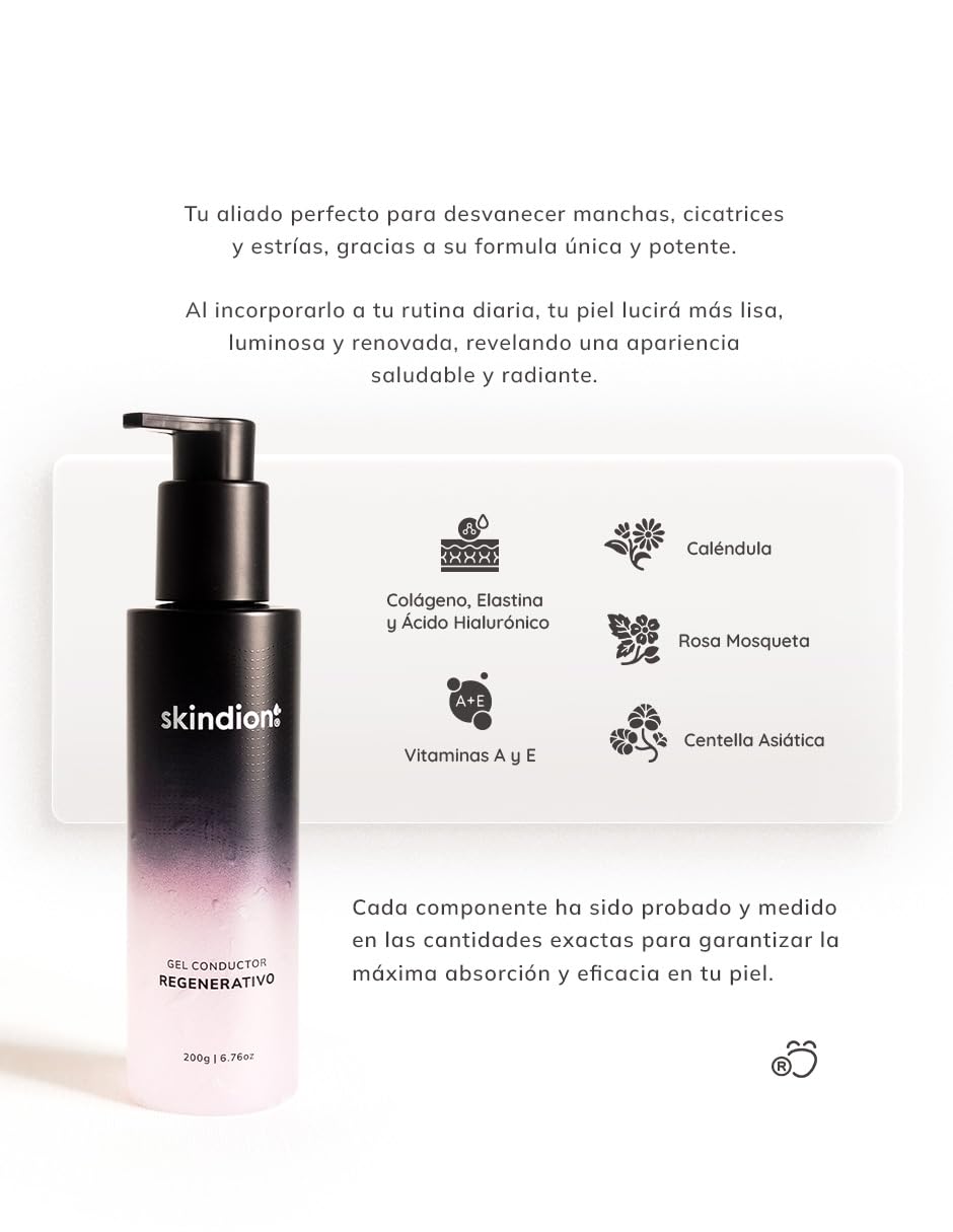 Skindion Gel Regenerativo Facial | Anti Manchas Cicatrices y Estrías | Con Ácido Hialurónico y Colágeno | Conductor de Microcorriente