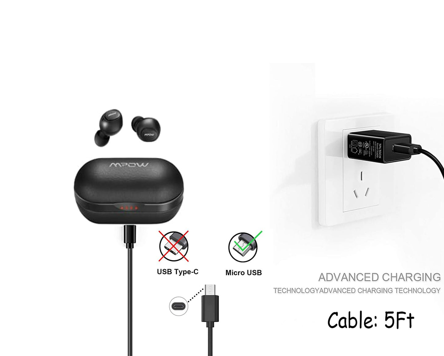 LIAUBN - Cable cargador USB Micro Mpow compatible con Mpow 059, M5, H19 IPO, H17, H7 Pro, H7, H12, MDots, mandíbulas sobre la oreja, cable de carga micro USB (5 pies)