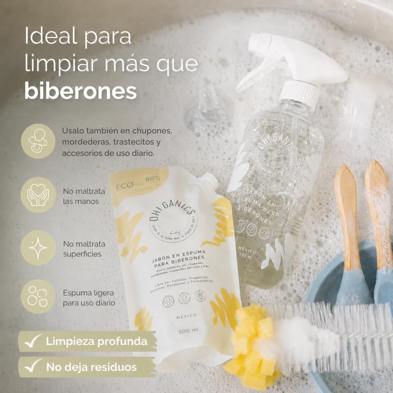OH! GANICS Jabón en Espuma Refill para la Limpieza de los Biberones de Bebé Sin Fragancia 500 ml