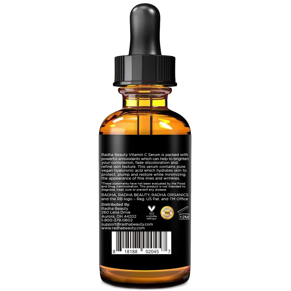 Radha Beauty Vitamin C Serum for Face, 2 fl. oz - 20% organic Vit C + E + Hyaluronic Acid - can also be used on the eye area