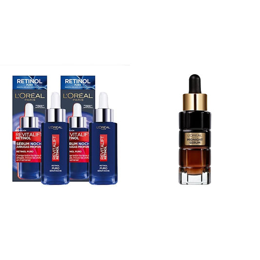 L'OREAL PARIS Kit 2 pack sérum Revitalift Retinol puro anti-arrugas 30ml,Blanco + L'Oreal Paris Age Perfect Renovación Celular Serum de Noche Midnight Serum