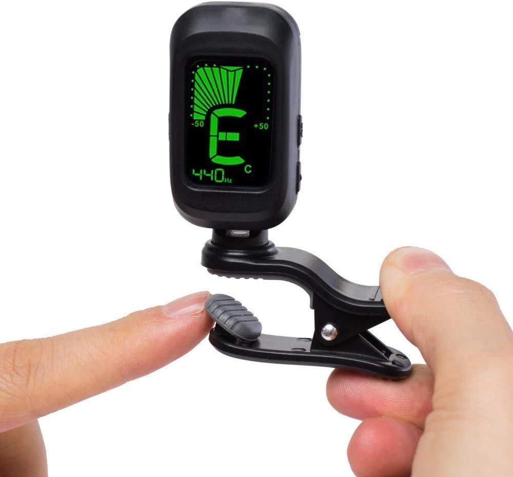 Afinador de Guitarra, Sintonizador Eléctrico, Afinador Digital con Clip para Guitarra Acústica, Apto para bajo, violín, ukelele, guitarra, más 10 púas de guitarra(batería incluida)
