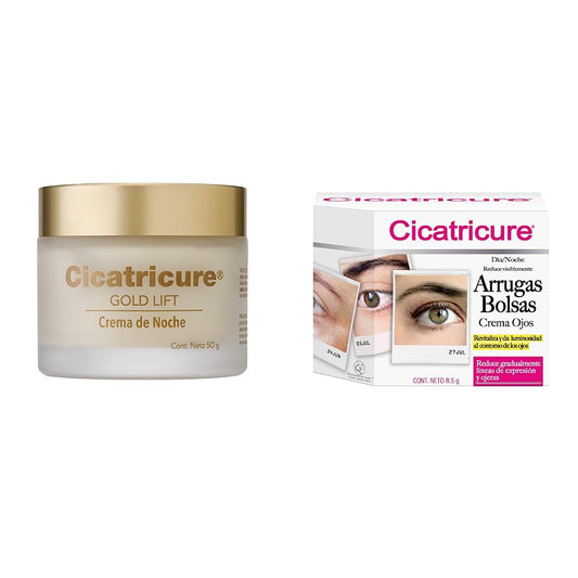 Cicatricure GOLD LIFT, Crema de Noche, reduce arrugas gravitacionales, mejora la elasticidad y producción de colágeno, con calcio,tarro 50 g + CREMA OJOS, Arrugas y Bolsas,tarro 8.5 g