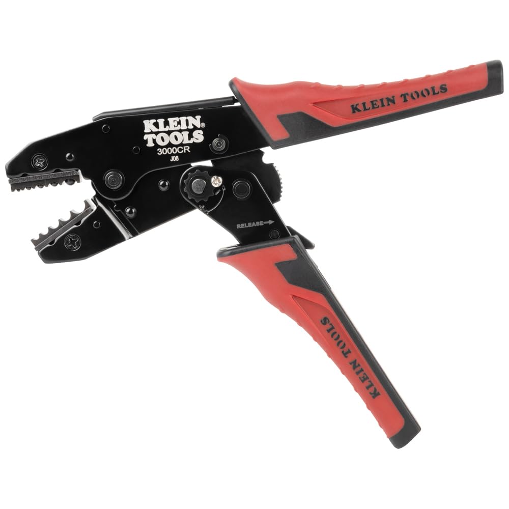 Klein Tools 3006CR Herramienta de crimpado para terminales no aislados, crimpadora de carraca, alambre de cobre trenzado de 10 a 22 AWG, ciclo completo, 5 cavidades