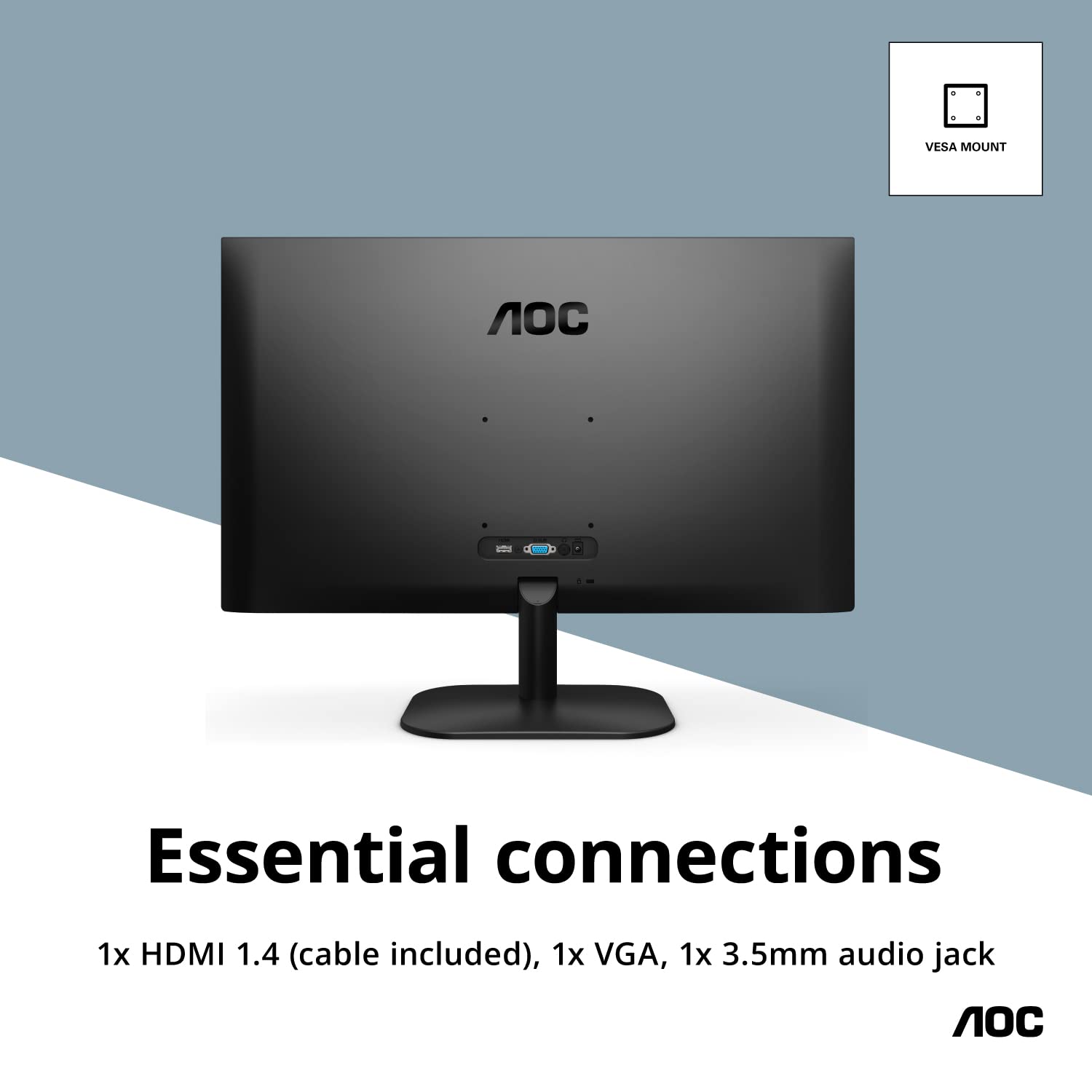 AOC 27B2H Monitor LED IPS de 27", Resolución 1920x1080, Brillo 250CD/M2, Soporte VESA, Conexión HDMI/VGA, Tecnología Flicker Free, Modo luz Azul bajo, Negro Mate.