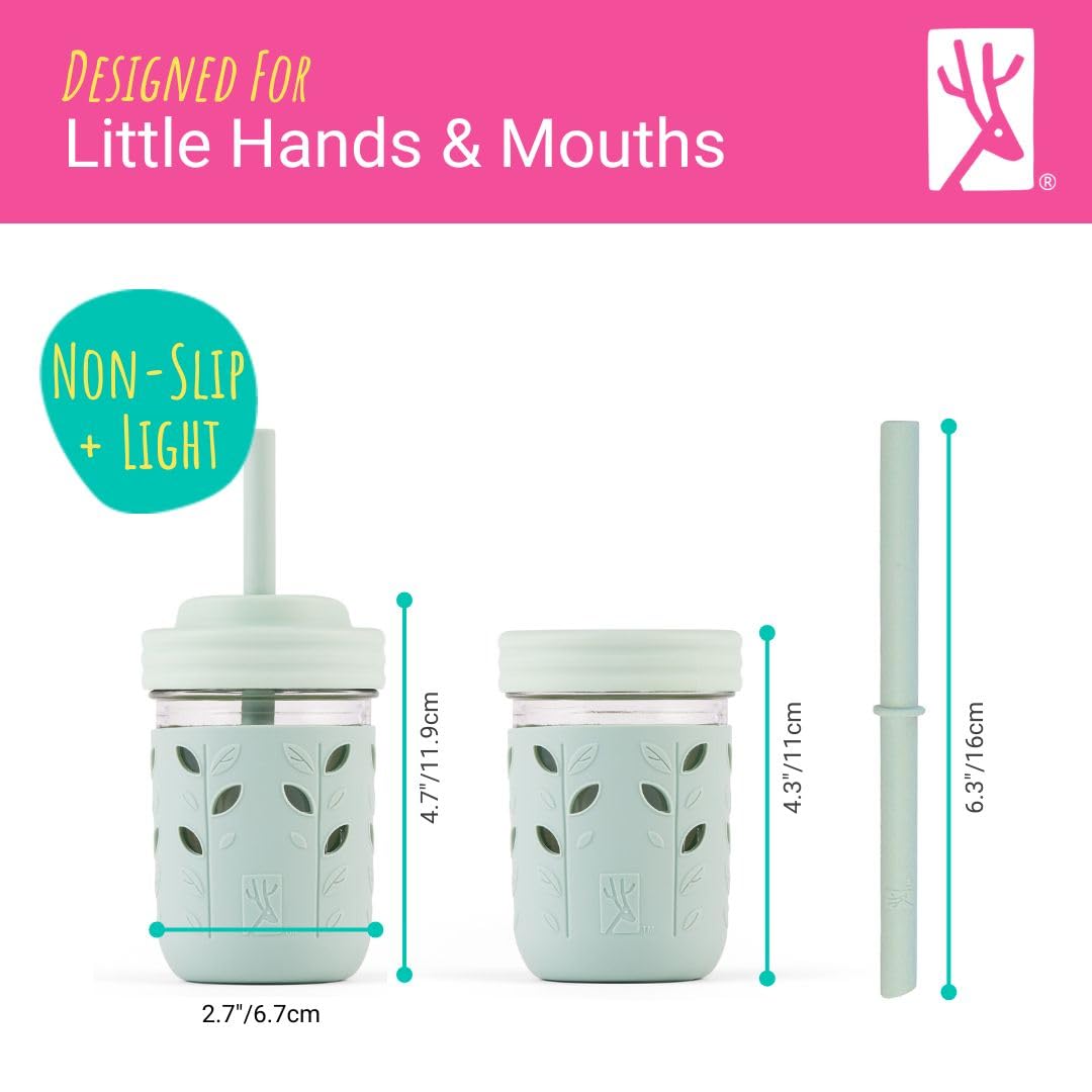 Elk and Friends - Vasos de vidrio para niños y niños pequeños, el tarro de vidrio original de 8 onzas con mangas + tapas, pajitas de silicona + tapón | Taza para batidos, almacenamiento de alimentos