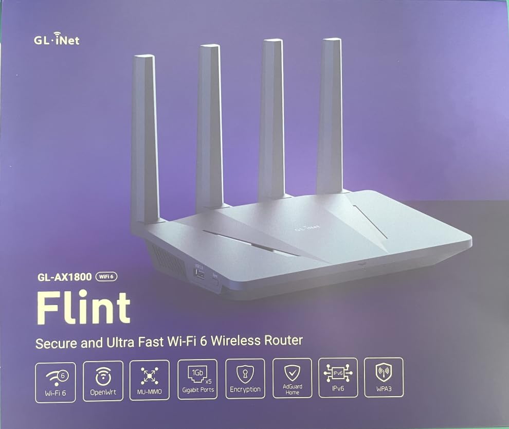 GL.iNet GL-AX1800 (Flint) WiFi 6 Router - Enrutador de Internet inalámbrico Gigabit de doble banda | 5 puertos Ethernet de 1G | Hasta 120 dispositivos | OpenVpn&WireGuard