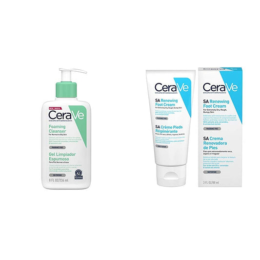 CeraVe Gel Limpiador Espumoso |237ml| Limpiador diario para piel mixta, grasa o con acné | Libre de fragancia + Crema Renovadora de Pies | 88 ml| Crema hidratante para pies con ácido salicílico