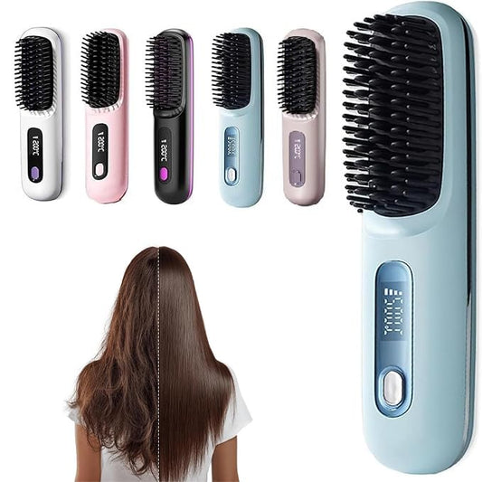 Cepillo de Alisador de Cabello Inalámbrico Portátil, Go Brush Pro Portable Cordless Hair Straightener Brush, Mini Cepillos con Calefacción de Cabello Recargable Eléctrico con Pantalla LED (Azul)