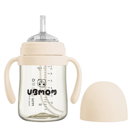 UBMOM Vaso con Boquilla y asa, a Prueba de derrames para bebés y niños pequeños con Pajita reemplazable, de PPSU sin BPA, 190 g (Beige)