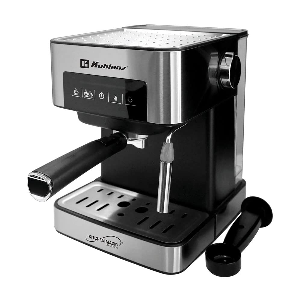 Koblenz Cafetera Espresso y Cappuccino, 2 Tazas, 20 Bares de Presión, 850 W, Sistema de Espuma para Café Cappuccino, Tanque de Agua 1.6 L, Filtro Lavable, Negro con Acero Inoxidable (CKM-750 EIN)