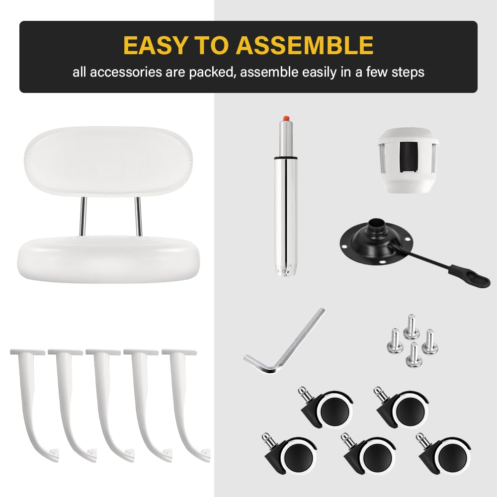 Taburete Giratorio WKWKER Blanco con Respaldo de Altura Ajustable para Spa, Salón, Hogar y Oficina