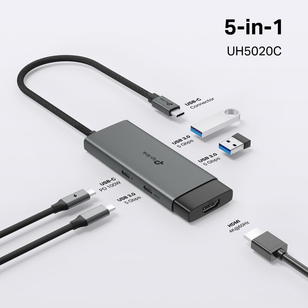 TP-Link Hub USB-C 5 en 1, HDMI 4K 60Hz, Carga Rápida PD 100W, Puertos USB-C 5Gbps y 2× USB-A, Plug & Play, Compatible con MacOS, Windows, Linux, iPadOS, iOS, Android, ChromeOS (UH5020C)