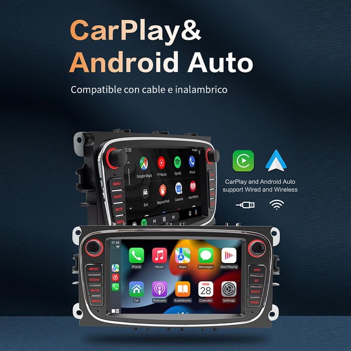 FINYQBET Autoestéreo para Carro Ford Focus 2013 y Modelos Anteriores, Estéreo con Pantalla CarPlay y Android Auto, Compatible con Focus sin Adaptaciones, Asistente de Voz,Mirrorlink,Cámara Trasera,GPS