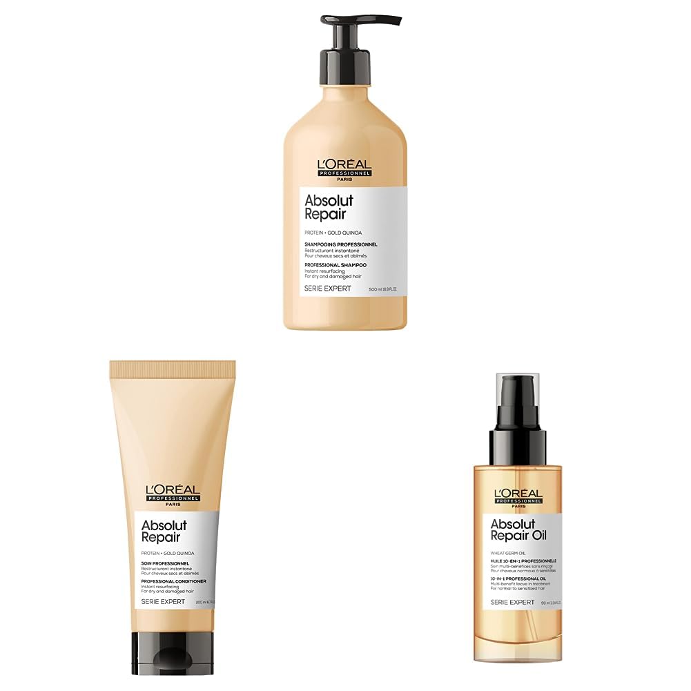 L'Oreal Professionnel Shampoo Reparador Para Cabello Danado 500 Ml Serie Expert Absolut Repair Gold + Acondicionador reparador para cabello danado 200 ml + Suero reparador de cabello danado 90 ml