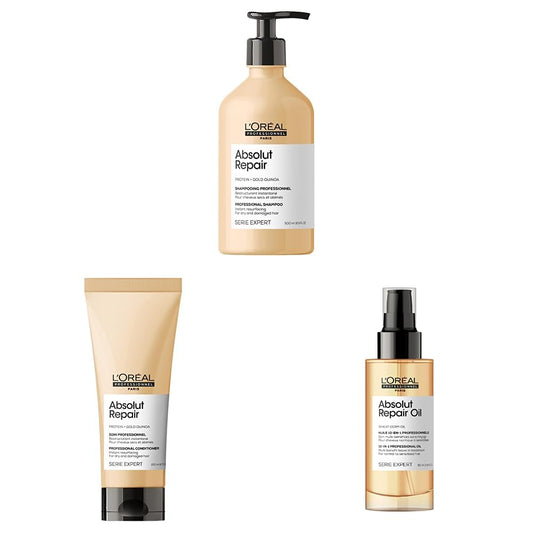 L'Oreal Professionnel Shampoo Reparador Para Cabello Danado 500 Ml Serie Expert Absolut Repair Gold + Acondicionador reparador para cabello danado 200 ml + Suero reparador de cabello danado 90 ml