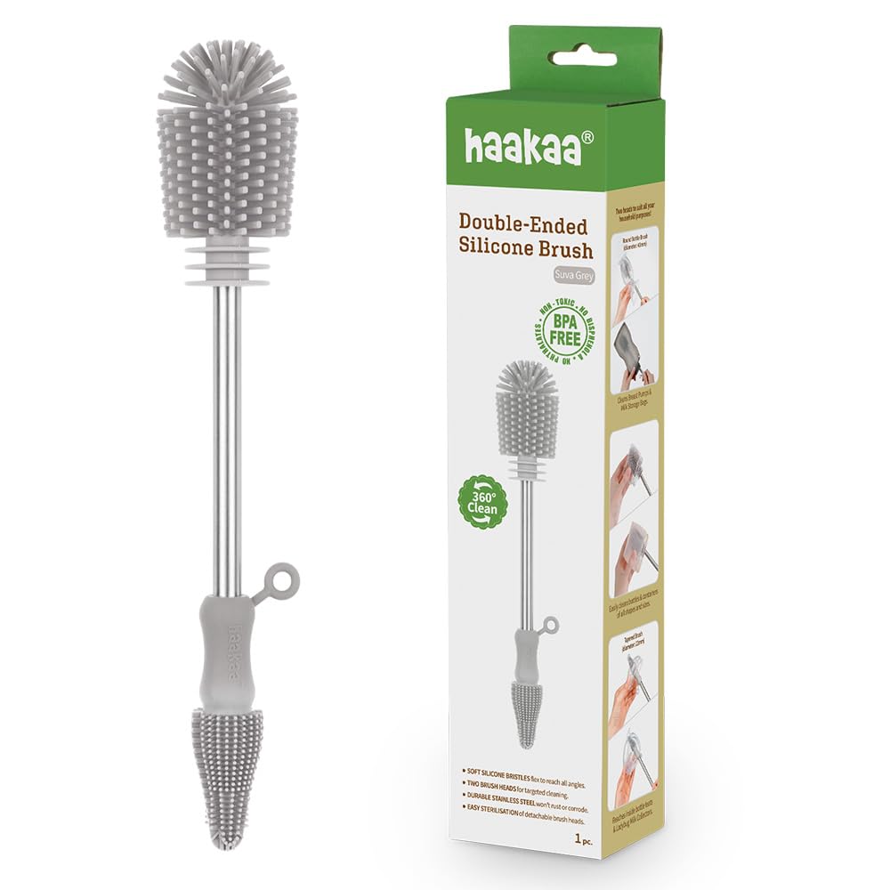 Haakaa - Kit de cepillo para polvo de limpieza de silicona para botellas y hendiduras - Silicona de grado alimenticio: apto para lavaplatos (Gris)