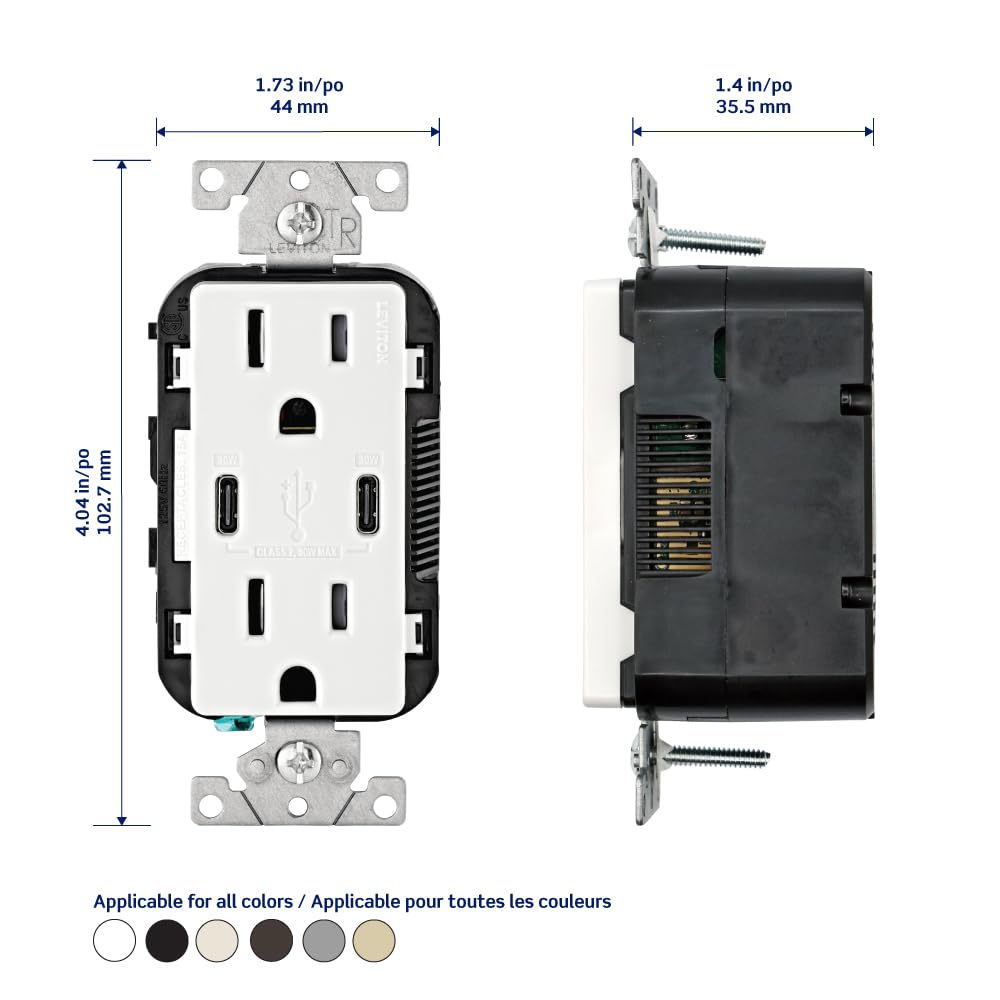 Leviton 005-T5635-00E Combinación Contacto Doble a Prueba de Manipulaciones y Contacto USB tipo C/C, Negro