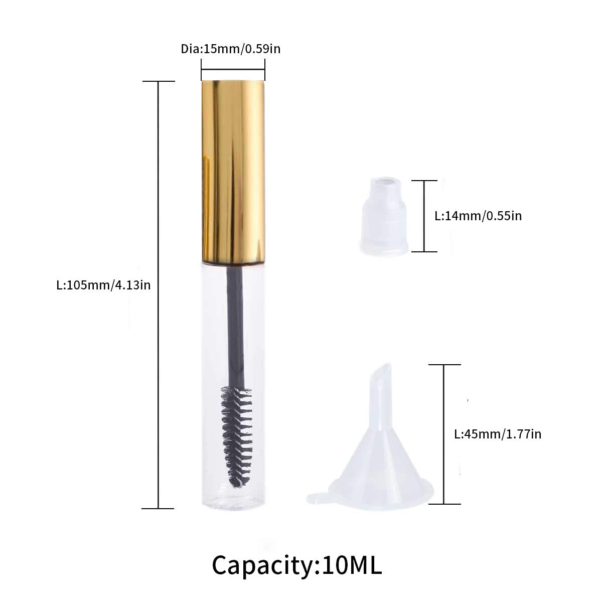 GTHER - Juego de 10 botellas vacías para máscara de pestañas (10 ml, incluye varita de pestañas, insertos y embudos de goma, para aceite de ricino/crecimiento de pestañas, envase de crema de pestañas con tapa, color dorado