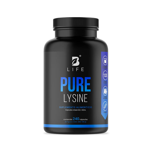 Lisina Pura de 240 cápsulas 1400 mg por porción. Aminoácido esencial. Ingredientes 100% Naturales. Pure Lysine B Life.